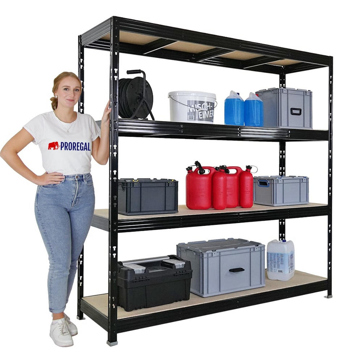 SCHWERLASTREGAL Rhino 200x200x60 cm 4 Spanplatten-Ebenen 8mm Fachlast 500 kg Schwarz - Schwarz, Metall (200/200/60cm) - PROREGAL