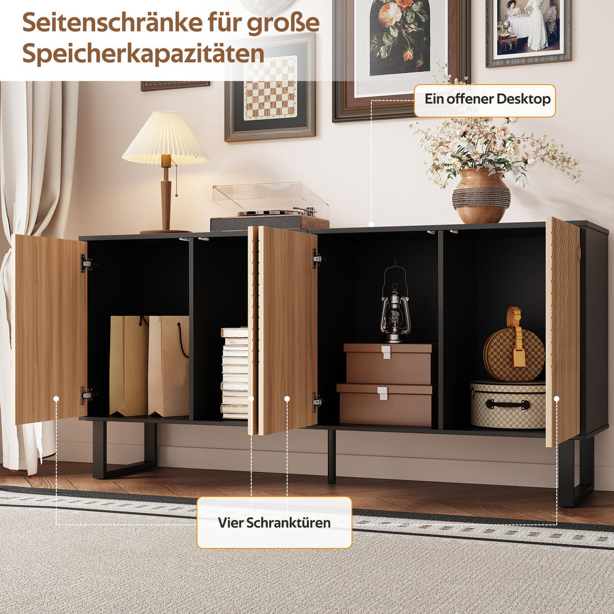 SIDEBOARD Schwarz Holzmaserung 3D-Streifen Extra Stauraum - Schwarz, Holzwerkstoff (38/75/160cm) - FLIEKS