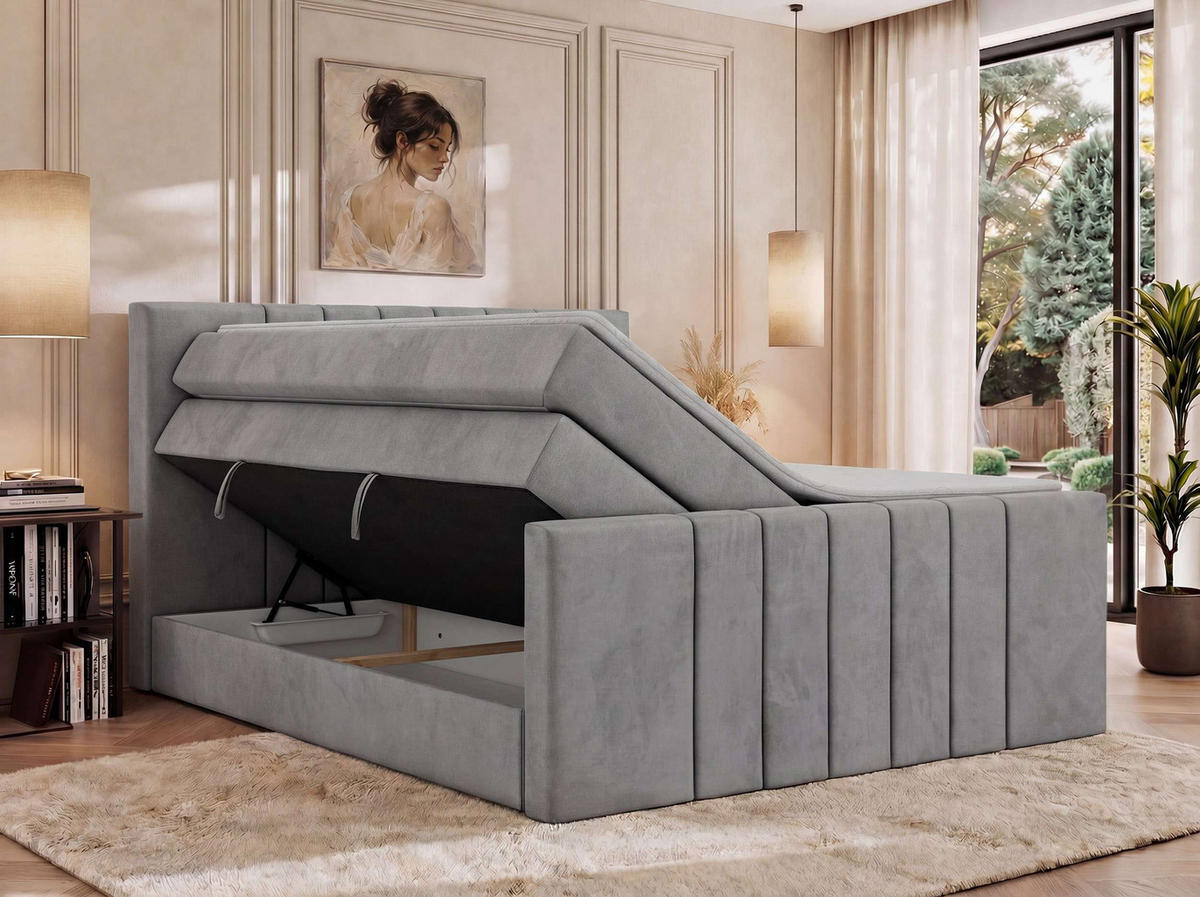 BOXSPRINGBETT INERO DUO KING 180/200 - Hellgrau Velvet - Topper Visco - H4 - Hellgrau/Schwarz, Kunststoff/Textil (180/200cm) - MKS