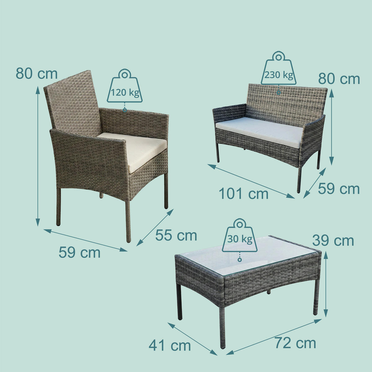 4-TLG.GARTENMÖBEL-SET - Grau, Glas/Kunststoff - Relaxdays