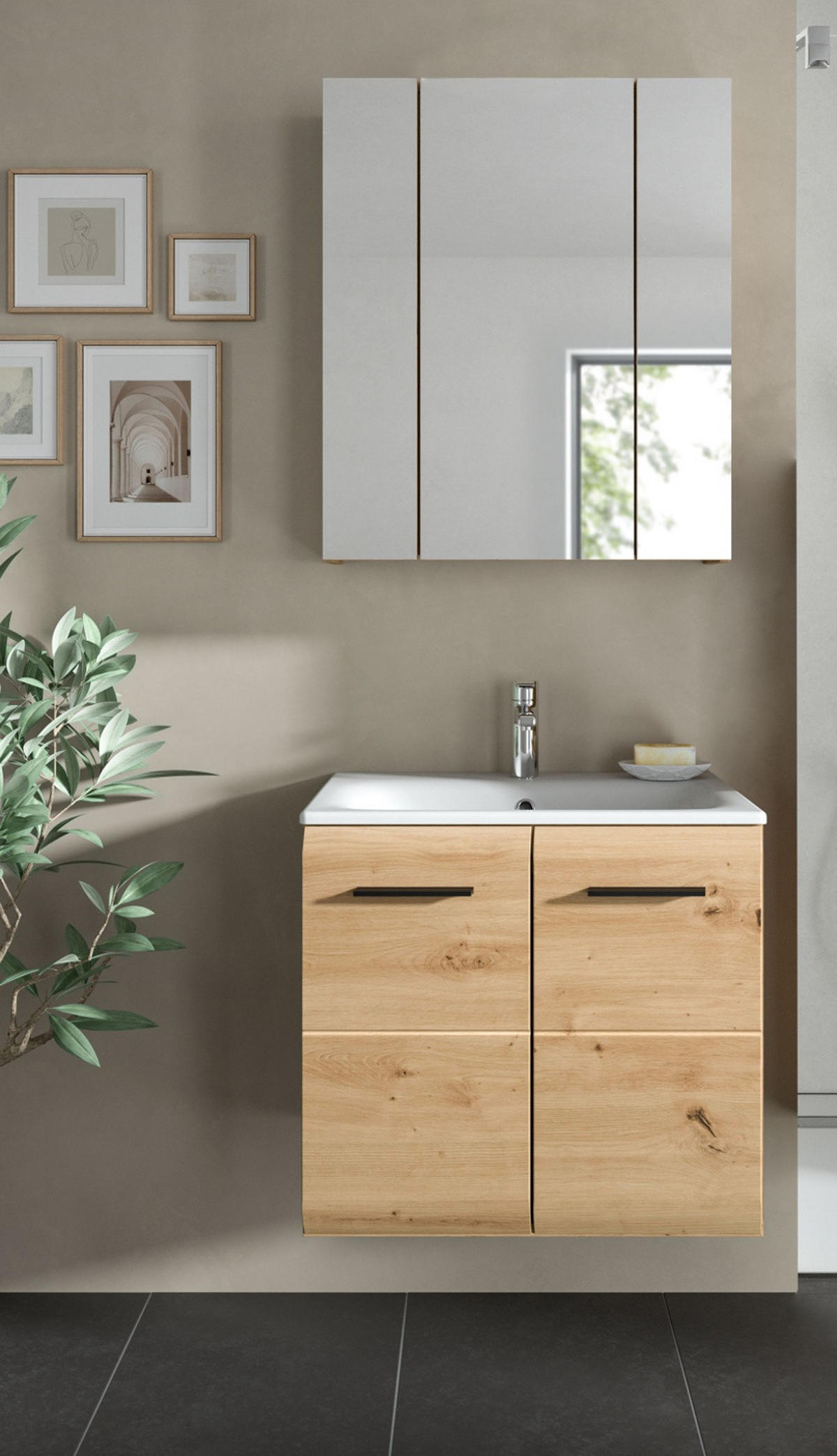 BADMÖBEL-SET 2-teilig in Artisan Eiche, Badkombination 60 x 185 cm, Cover - Schwarz/Eiche Artisan, Glas/Keramik (65/185/30cm) - Inn.Furn