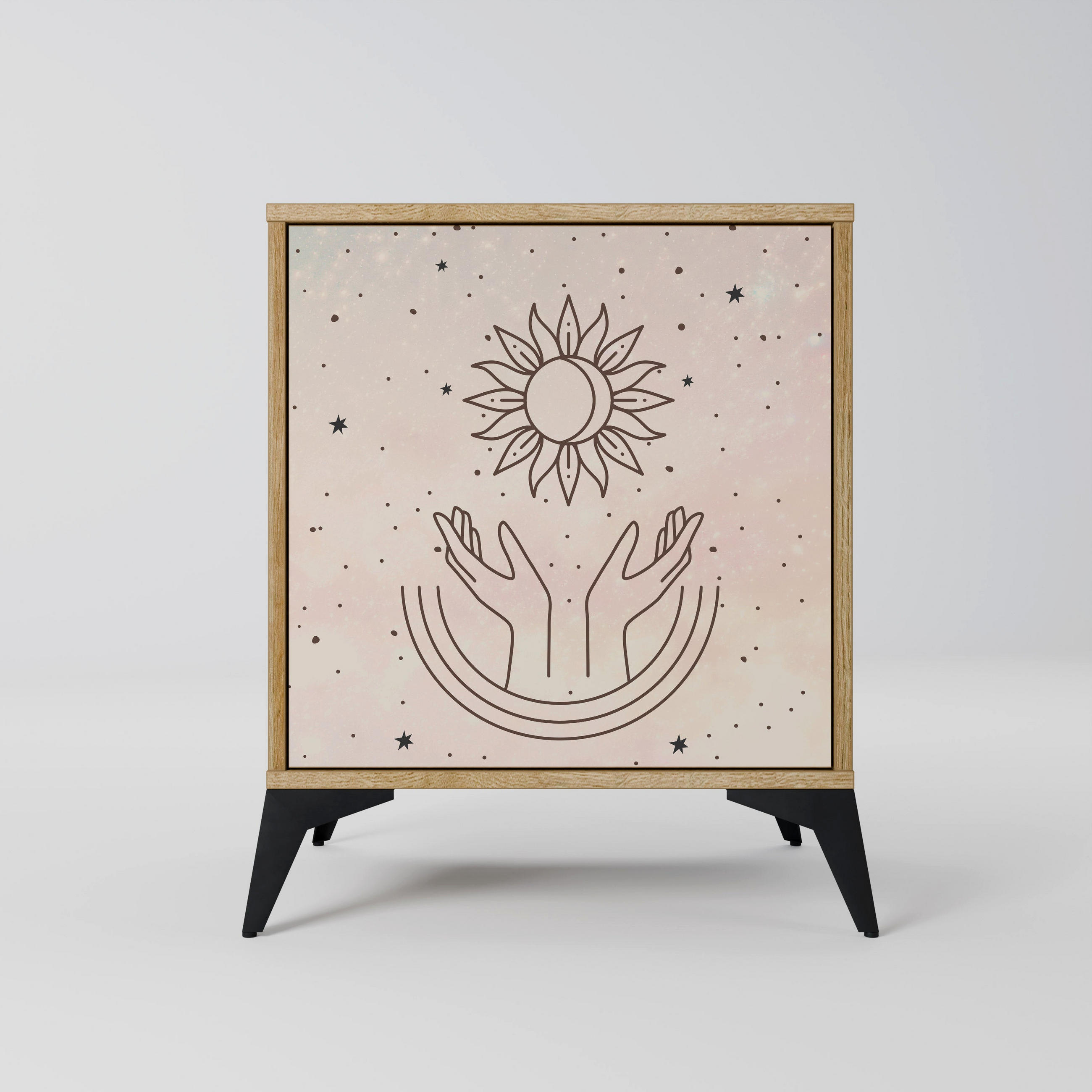 SIDEBOARD DELICATE BEAUTY, Eichefarben, 57,5x42x70,5 cm, Schwarze Metall-Sternfüße - Eichefarben/Multicolor, Holzwerkstoff/Metall (57.5/70.5/42cm) - SpaceRebels