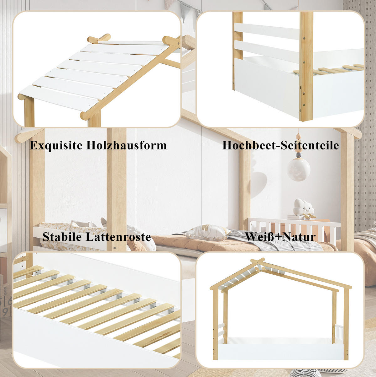 KINDERBETT 90/200 cm, Weiß/Natur mit Hausdesign, Lattenrost, ohne Matratze - Weiß, Holz (90/200cm) - MIVRAY