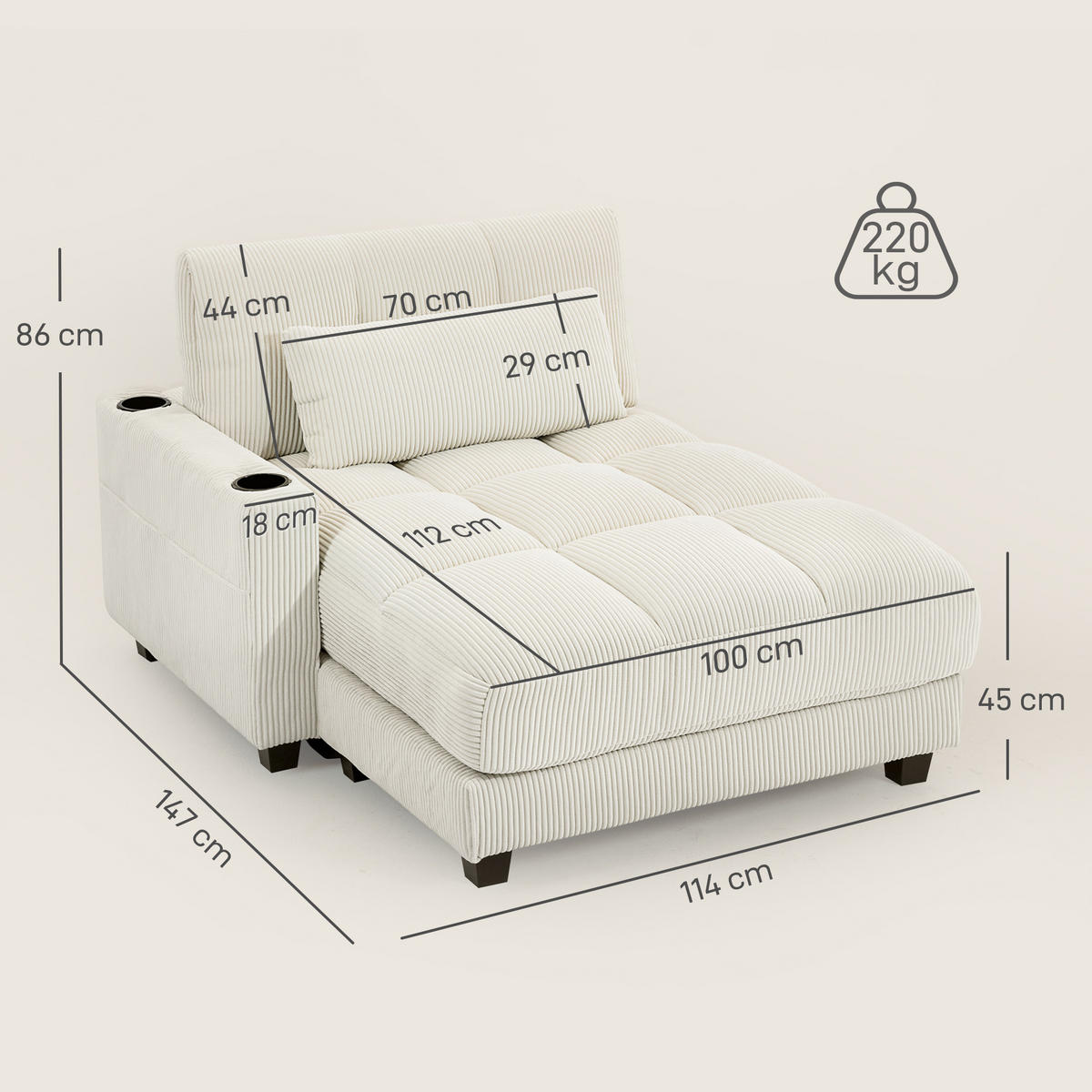 SCHLAFSOFA Polyester Mehrschichtenplatte Cremeweiß - Dunkelgrau/Creme, Kunststoff/Textil (114/86/147cm) - HOMCOM
