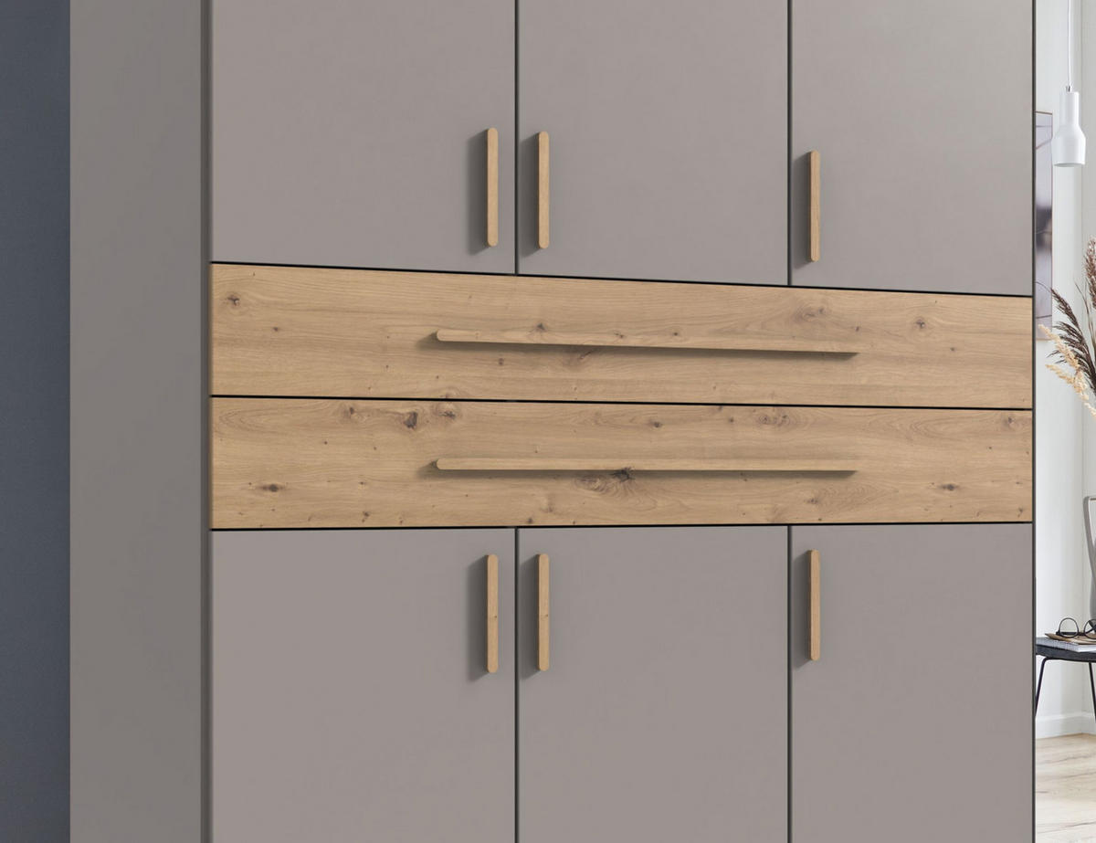 SKŘÍŇ S OTOČNÝMI DVEŘMI B225/H208/T58 cm, pískově šedá, šatní skříň se 2 zrcadlovými dveřmi, 2 zásuvkami a úchytkami v dekoru dub Artisan / 22635 - písková barva/dub artisan, kompozitní dřevo/plast (225/208/58cm) - luma-home