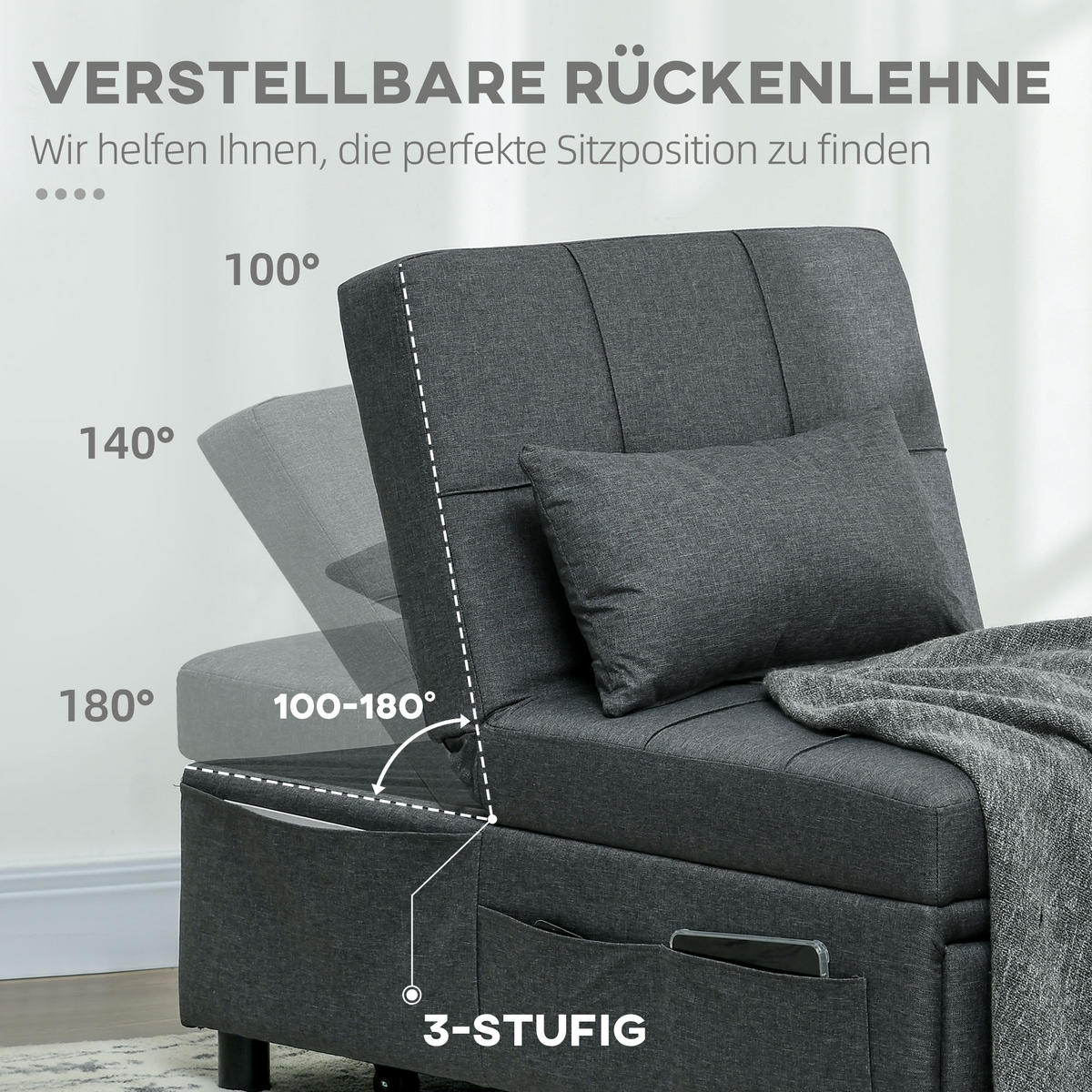 SCHLAFSESSEL 3 in 1 Bettsessel mit Seitentasche Gästebett mit Kissen Leinenoptik - Grau, Holz (104/81/65.5cm) - HOMCOM