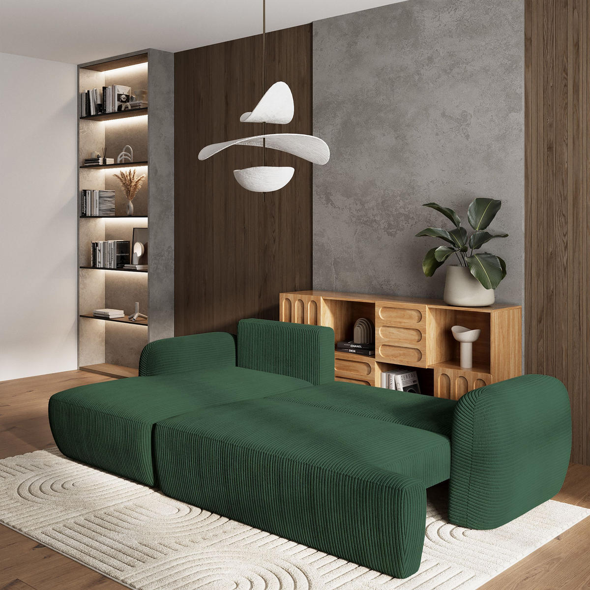 ECKSOFA MODENZA P L-S Grün Kordstoff mit Schlaffunktion - Grün, Holz (266/148cm) - MASSENO