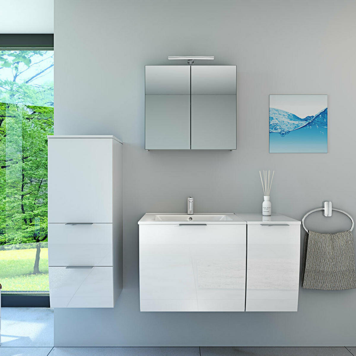 BADMÖBEL Set Gently 1 V2 L Weiß MDF Waschtisch 90cm mit 5W LED-Strahler / Energiebox - Weiß, Glas/Kunststoff (46/52/90cm) - AcquaVapore by Sandra Jentho