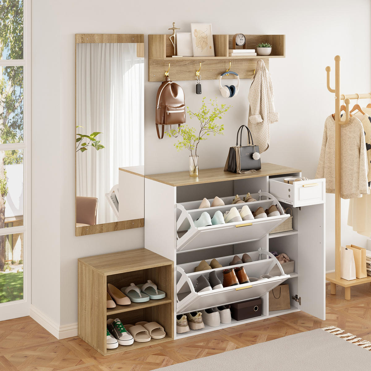 SCHUHSCHRANK aus Spanplatte 139,5x35x166cm in Weiß mit 4-teiligem - Weiß, Holzwerkstoff (139.5/166/35cm) - Modfu