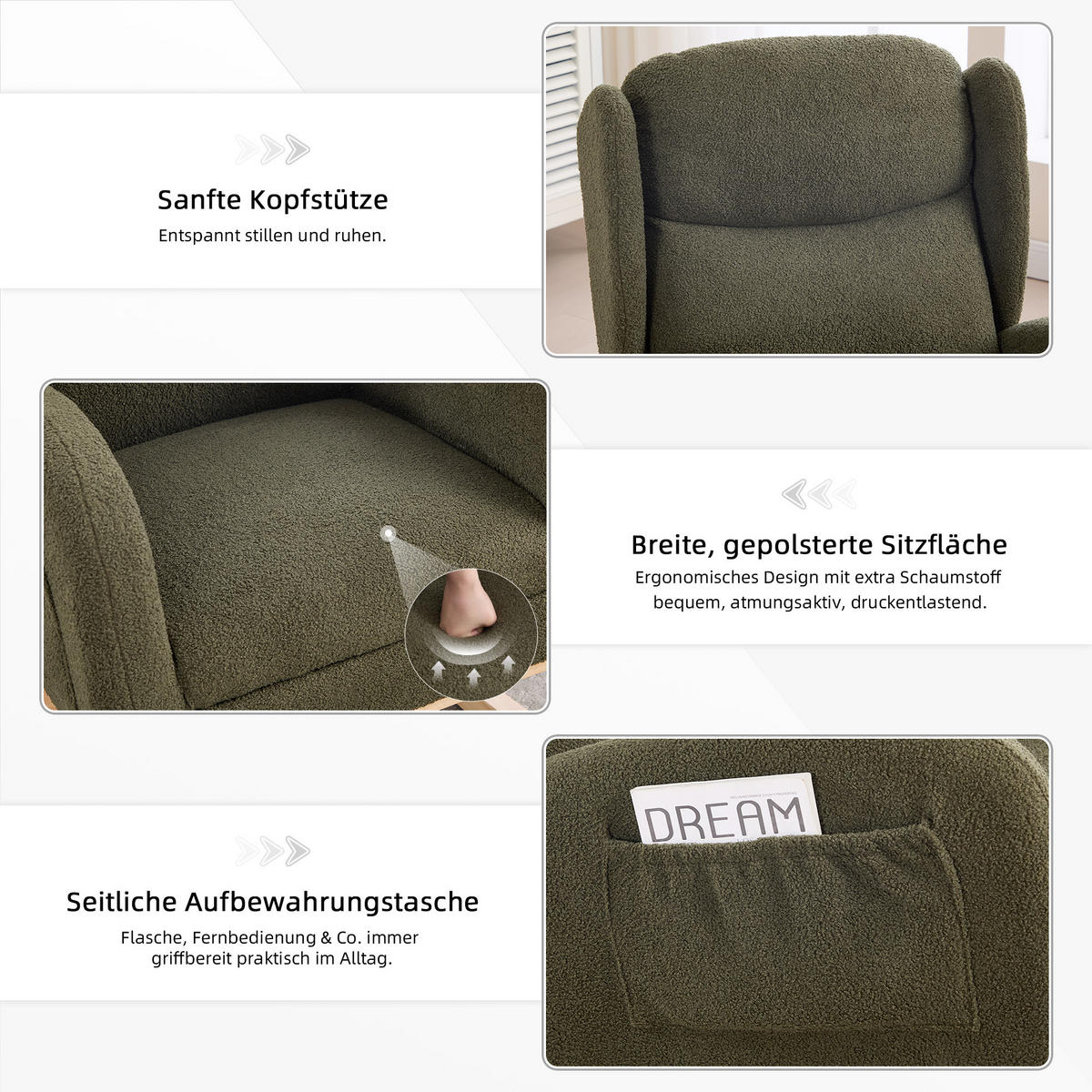 SCHAUKELSTUHL Teddy-Stoff mit Fußstütze und Taschen 122.5/70/104 cm Grün - Grün, Textil (70/104/122.5cm) - Redom