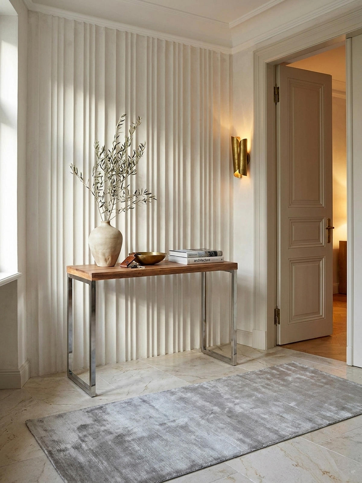 KONSOLENTISCH Massivholz Chromgestell Handgefertigt ISEN, Beige 120x45x77 cm - Beige/Silberfarben, Holz/Metall (45/120/77cm) - KADIMA DESIGN