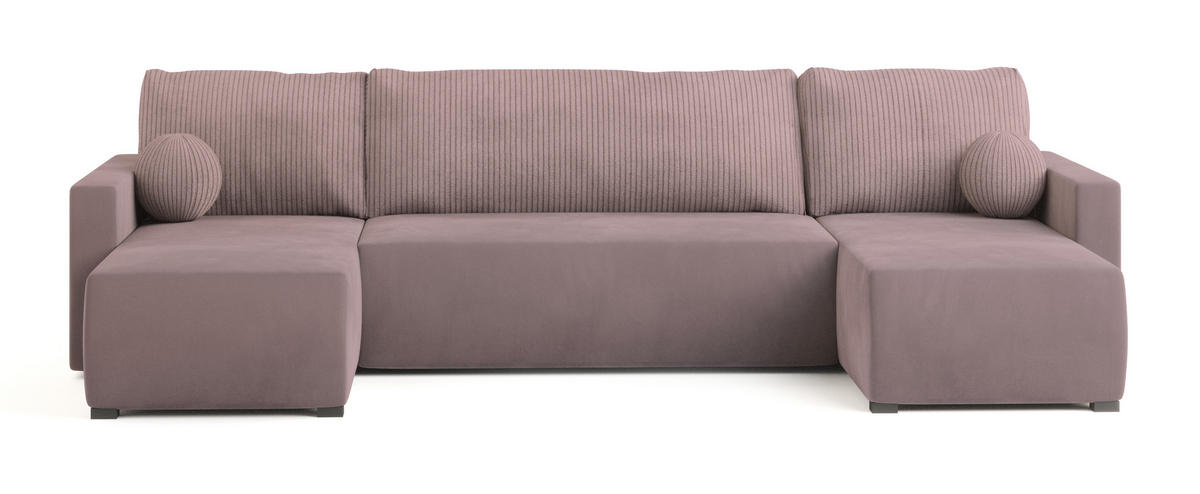 WOHNLANDSCHAFT TESSUN Rosa Plüsch-Stoff mit Schlaffunktion - Rosa, Holz (286/85/143cm) - MASSENO