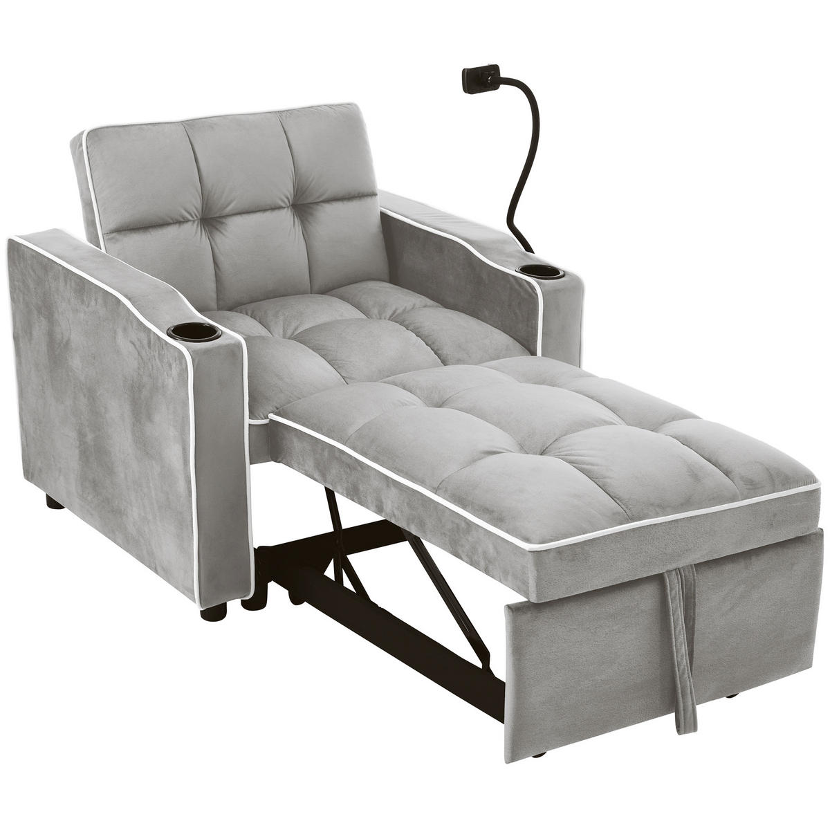 SCHLAFSESSEL Schlafsofa 3-in-1 Ausziehbares Einzel 83/167/76 cm Grau mit Getränkehaltern und Handyhalter - Weiß, Kunststoff (83/76/167cm) - OKWISH