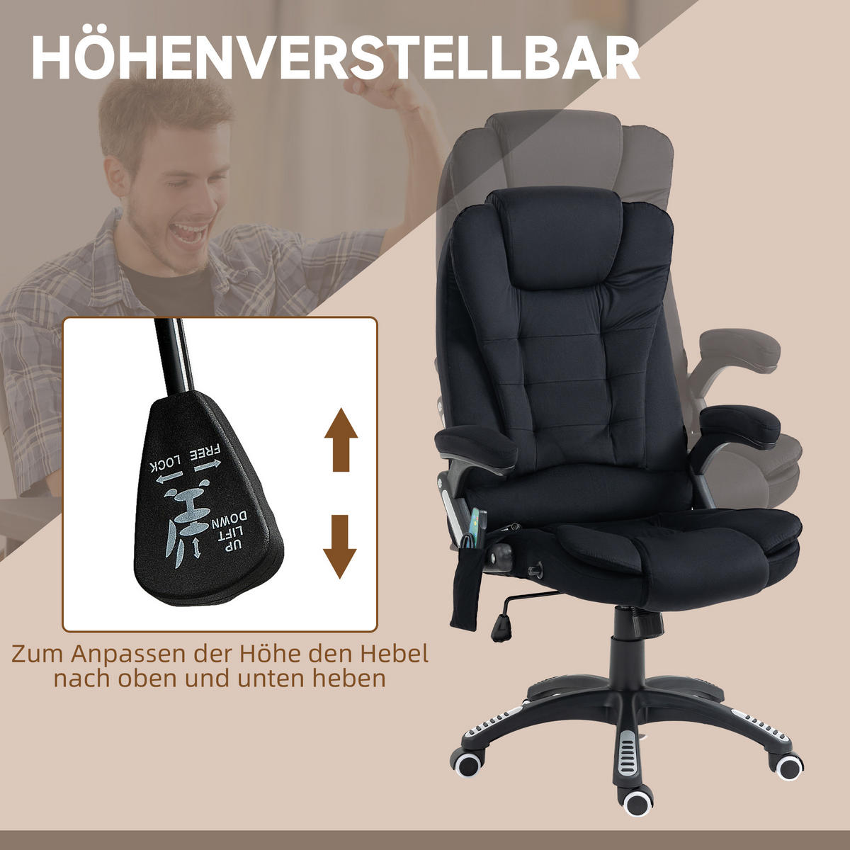 MASSAGE-BÜROSTUHL mit Wippfunktion, Schreibtischstuhl mit Heizfunktion, Schwarz - Schwarz, Kunststoff/Textil (74/116/67cm) - Vinsetto