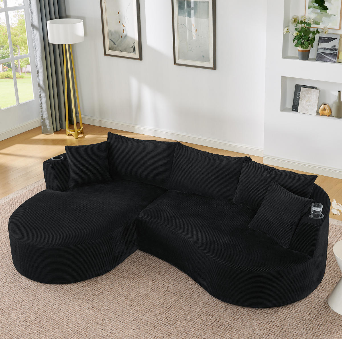 SOFA 3-Sitzer bogenförmig Schwarz mit Getränkehaltern - Schwarz, Textil (168/264cm) - Meubliv