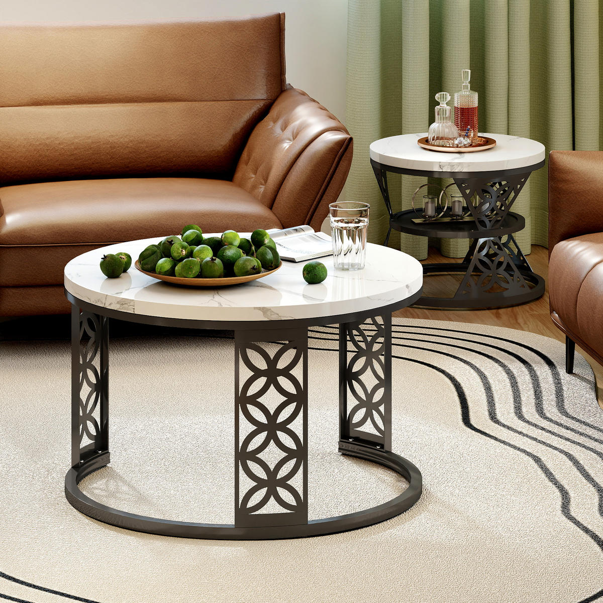 COUCHTISCH in Weiß/Schwarz Hitzebeständiger Wohnzimmertisch mit Marmor-Optik Platte Sofatisch mit Metallgestell - Schwarz/Weiß, Holzwerkstoff/Metall (70/70/45cm) - STILVORA