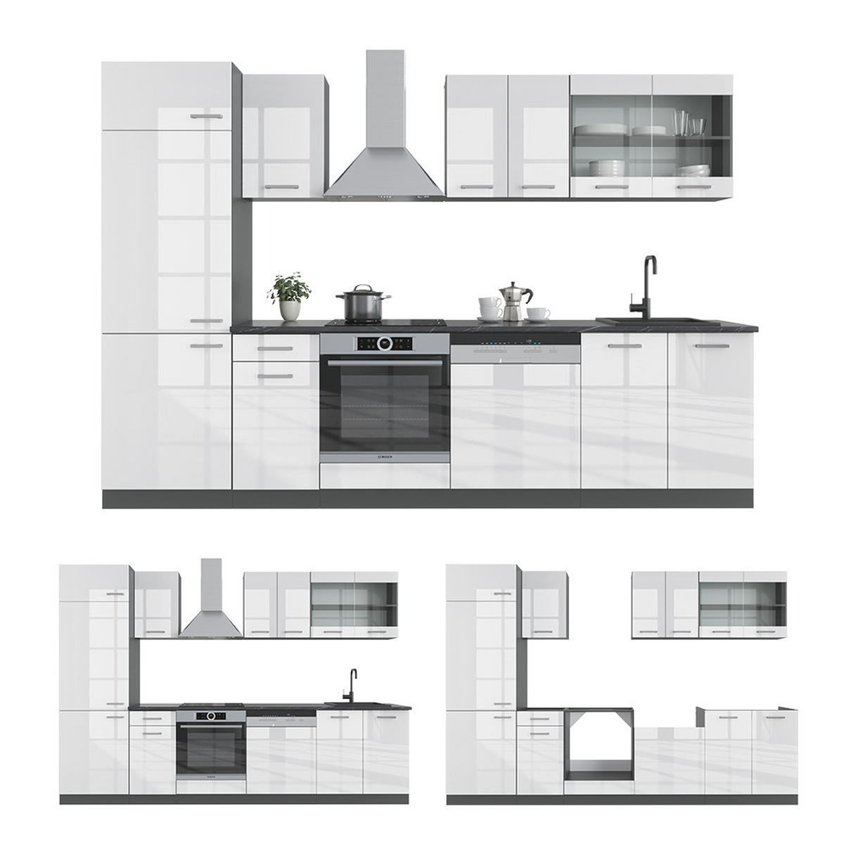 KÜCHENZEILE R-Line Weiß Hochglanz/Anthrazit 300 cm ohne AP - Weiß Hochglanz/Anthrazit, Holzwerkstoff (300/81.6/46cm) - Vicco