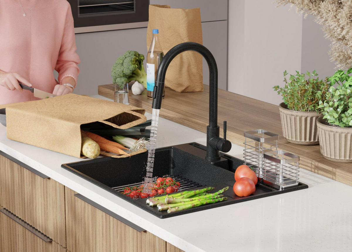 SPÜLBECKEN Sydney Pocket, 2-er set Anthrazit 62/53 cm 1 Becken + Ablauf-Set + Küchenzubehörset ab 45er Unterschrank - Chromfarben/Anthrazit, Kunststoff (62/20/53cm) - Primagran