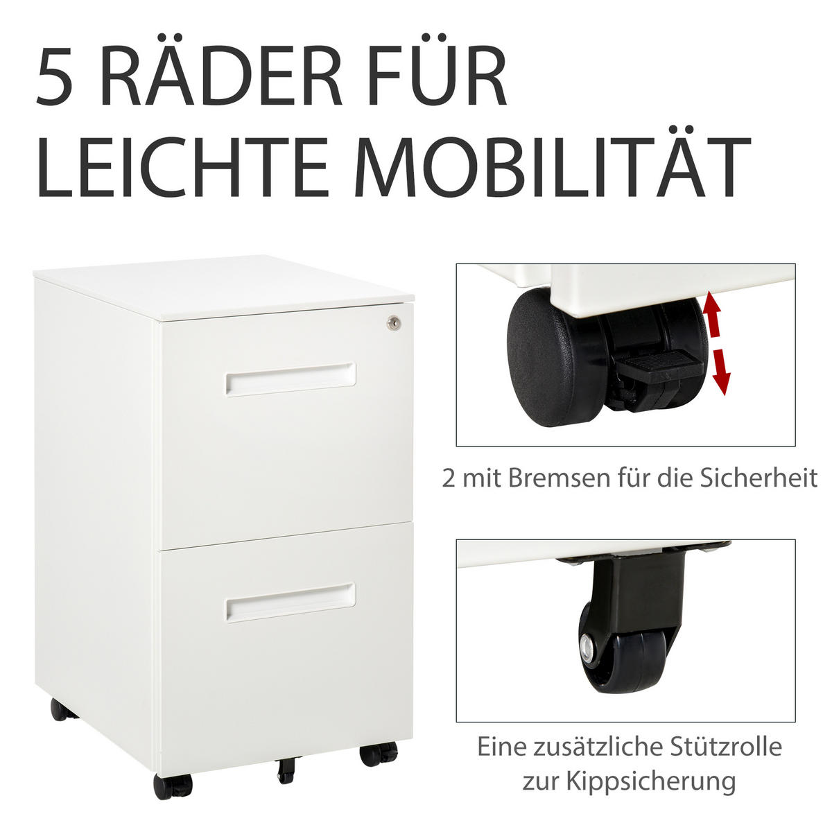 AKTENSCHRANK mit 2 Schubladen, Rollen, für Akten im A4 Format, Stahl, Weiß - Weiß, Metall (48/67/39cm) - Vinsetto