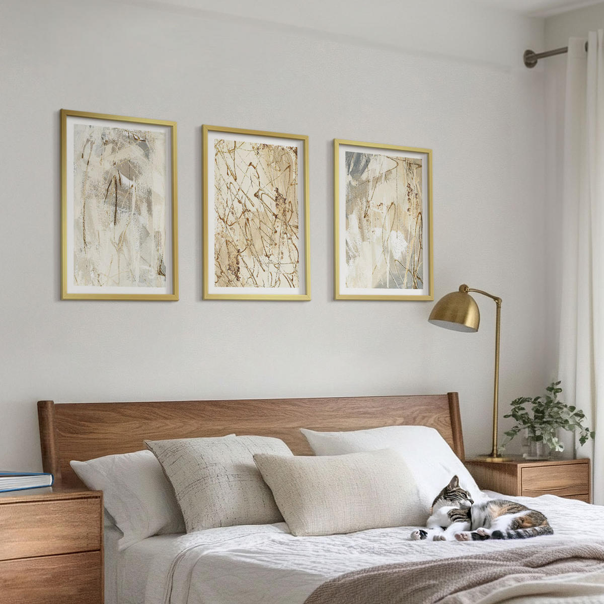 BILDER SET 3er Set - 40x60 cm Goldrahmen - Abstrakte Muster in Beige und Grau - Goldfarben, Kunststoff (40/60cm) - TULUP