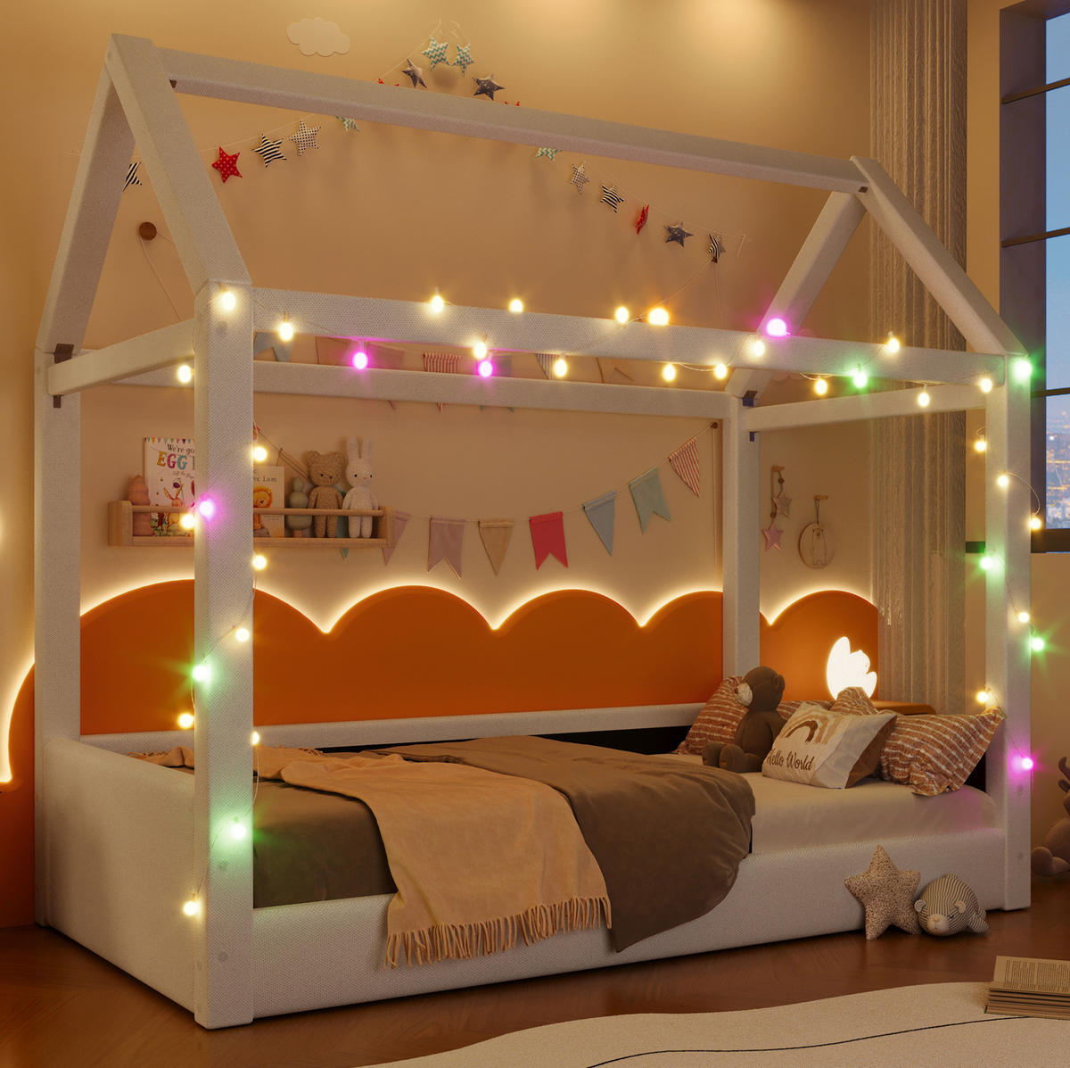 KINDERBETT 90/200 cm aus MDF mit LED-Beleuchtung und Hausdesign, Beige - Beige, Holzwerkstoff (90/200cm) - Redom