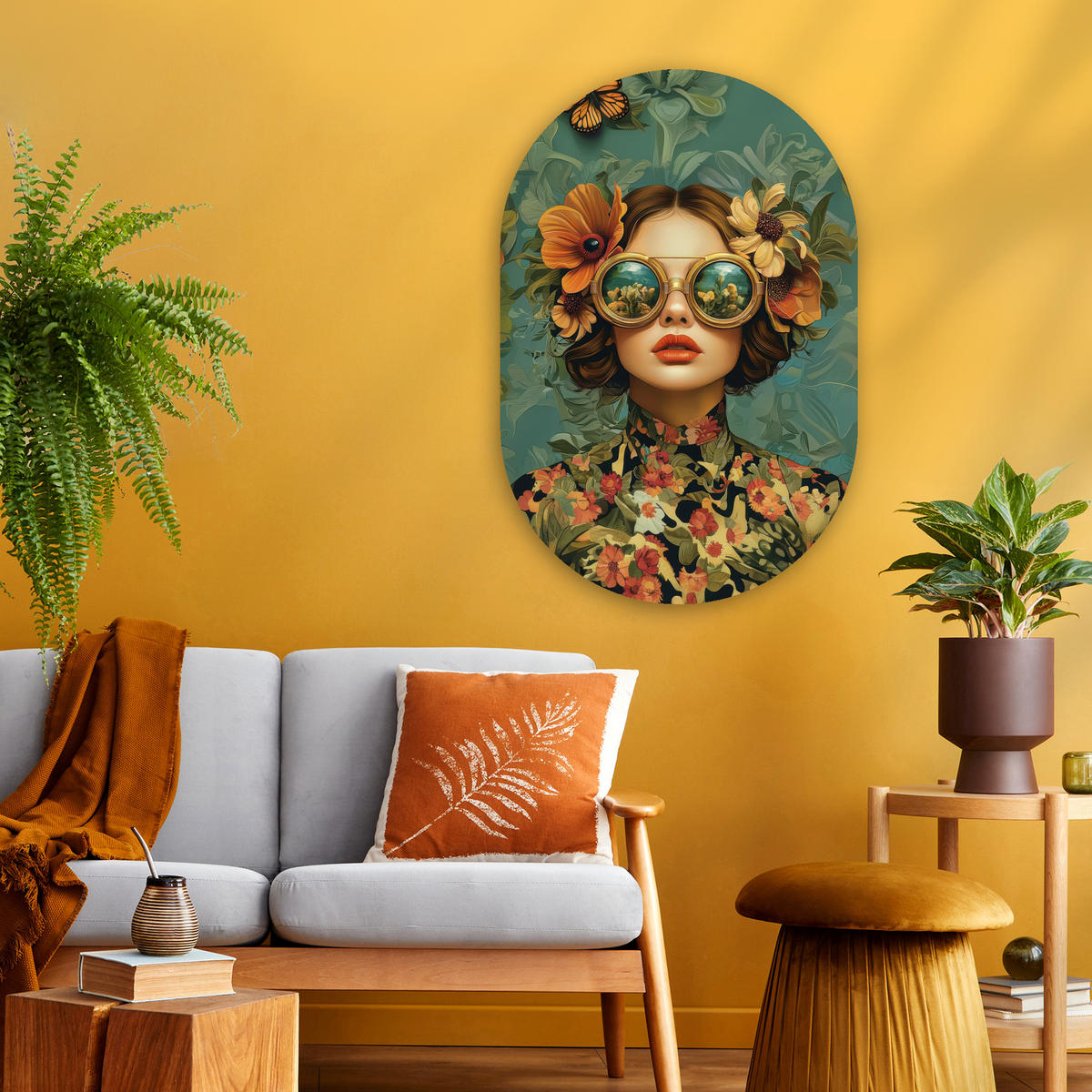 WANDBILD Frau - Blumen - Schmetterlinge - Natur - Vintage 60x90 cm - Petrol, Kunststoff (60/90cm) - MuchoWow