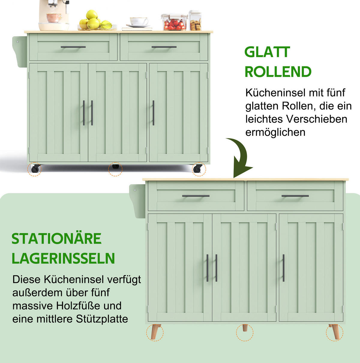 KÜCHENWAGEN mit Klappplatte 129 x 71 x 91,5 cm Antique Green - Grün, Holz (46/91.5/120cm) - Beauniv