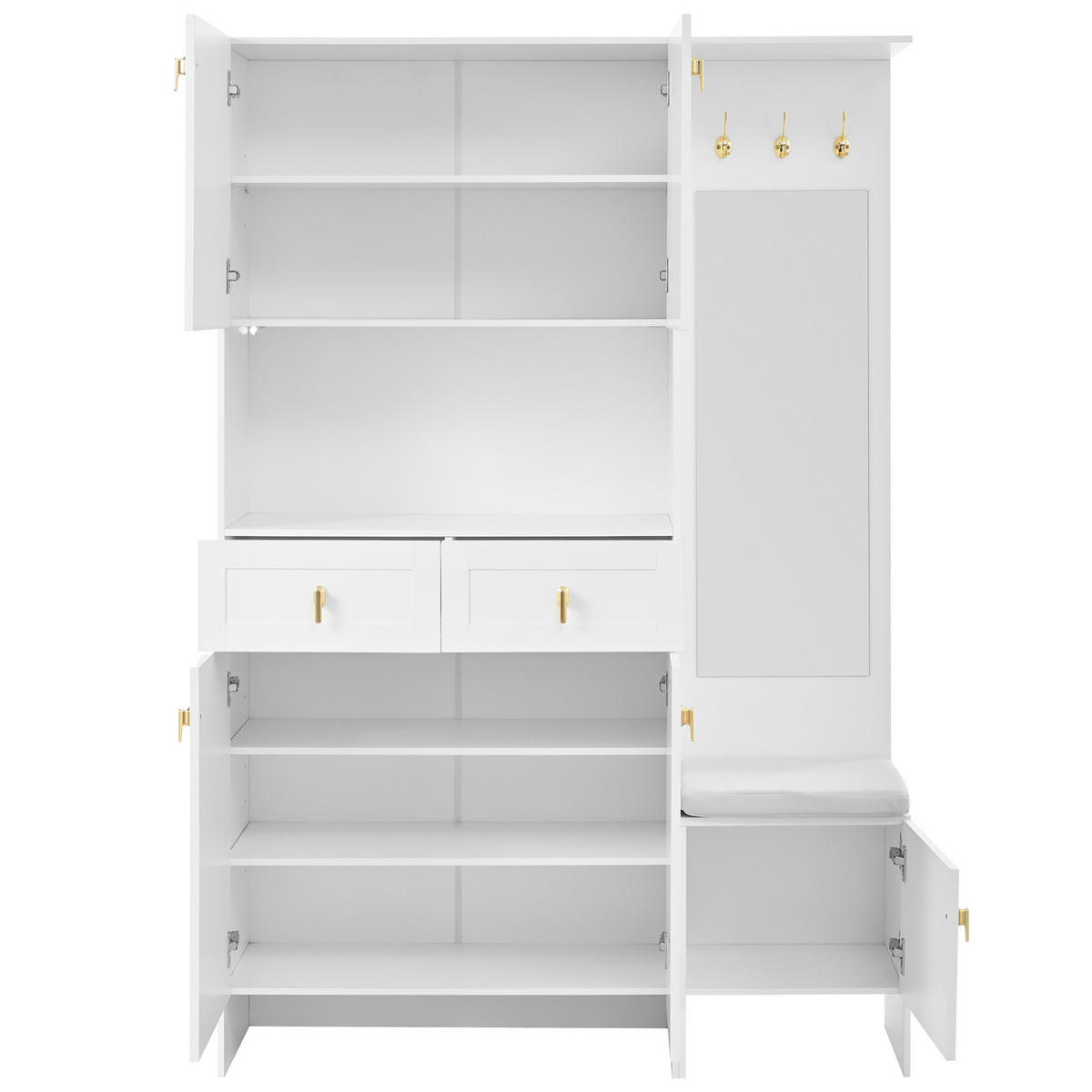 GARDEROBENSET Wand mit Schuhbank Weiß 120x33.5x180cm 3 Haken - Weiß, Holzwerkstoff (33.5/180/120cm) - FLIEKS