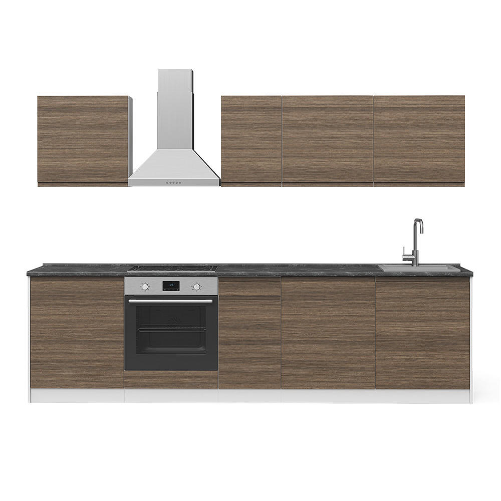 KÜCHENZEILE R-Line, Tabak-Walnuss/Weiß, 280 cm Arbeitsplatte Satin - Walnussfarben/Weiß, Holzwerkstoff (280/206.8/60cm) - Vicco
