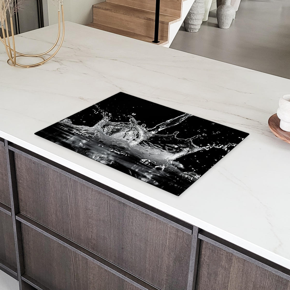 HERDABDECKPLATTE Wasser - Spritzwasser - Schwarz Herdabdeckung Induktionsfeld 75x52 cm - Schwarz, Kunststoff (75/52/0.2cm) - MuchoWow