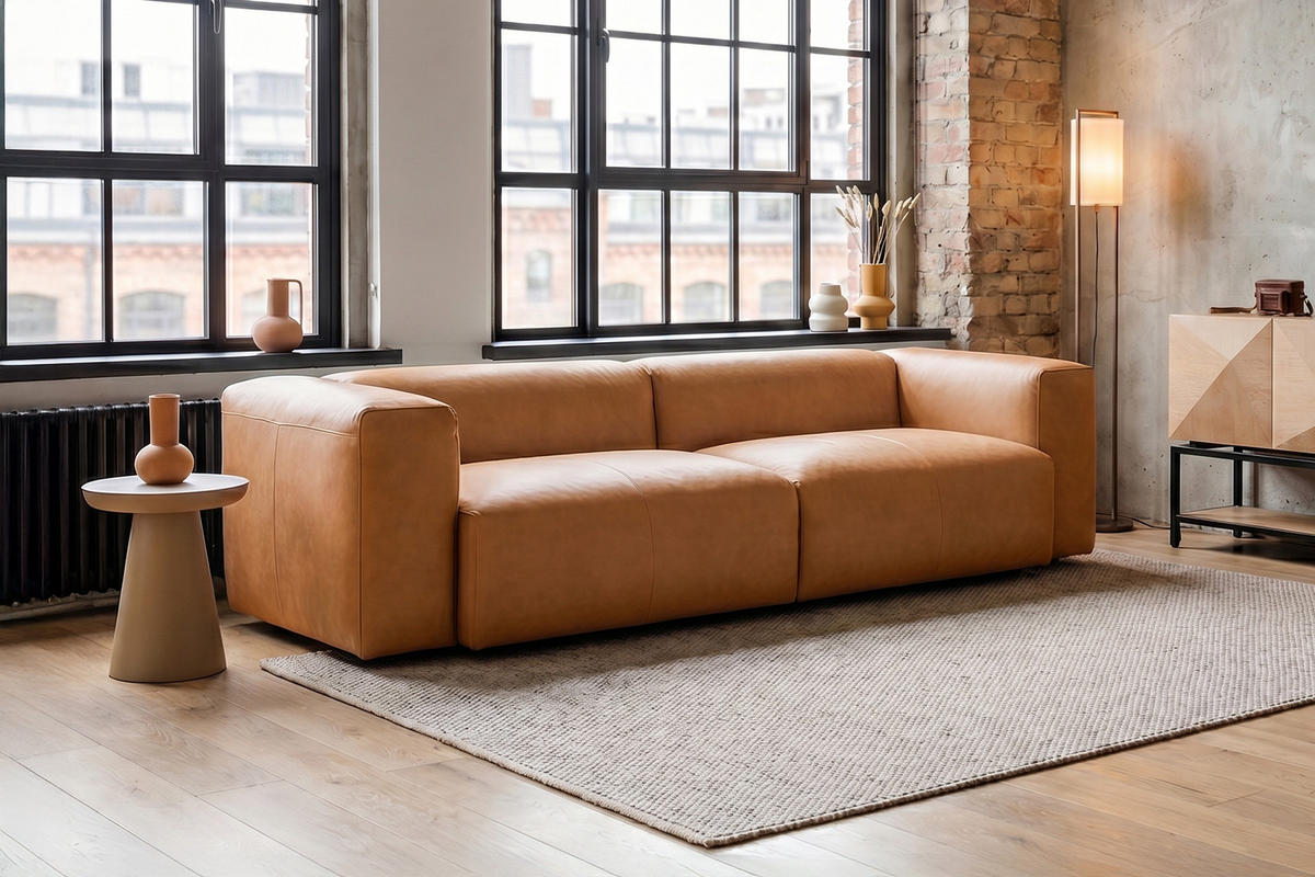 SOFA CELESTE Braun Leder - Dunkelbraun/Schwarz, Leder/Kunststoff (302/114cm) - KAWOLA