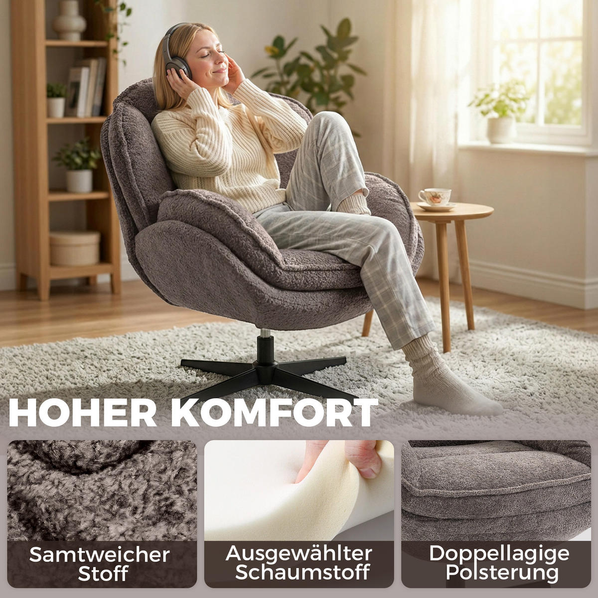 WINGBACK-SESSEL DE-06919 Samt, Vier-Sterne-Basis & 360° Drehung Grau - Grau, Textil/Metall (76/88/86cm) - ComfortXL