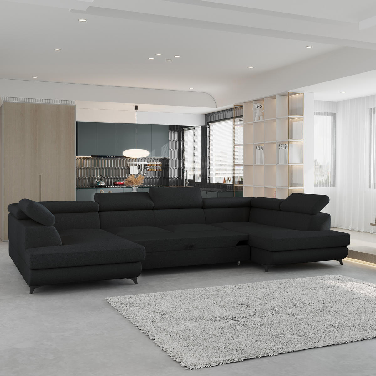 WOHNLANDSCHAFT VINTESSA Schwarz Boucle-Stoff mit Schlaffunktion - Schwarz, Holz (323/89/190cm) - MASSENO