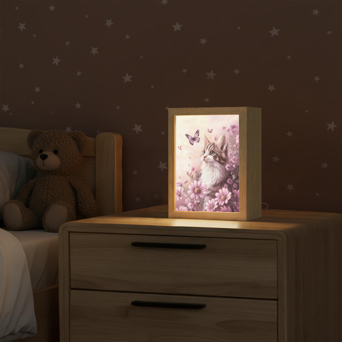 NÁSTĚNNÁ LAMPA Koťátko - Květiny - Motýli - Fialová 15x20 cm - starorůžová, kompozitní dřevo (15/20/8cm) - OnlyWow