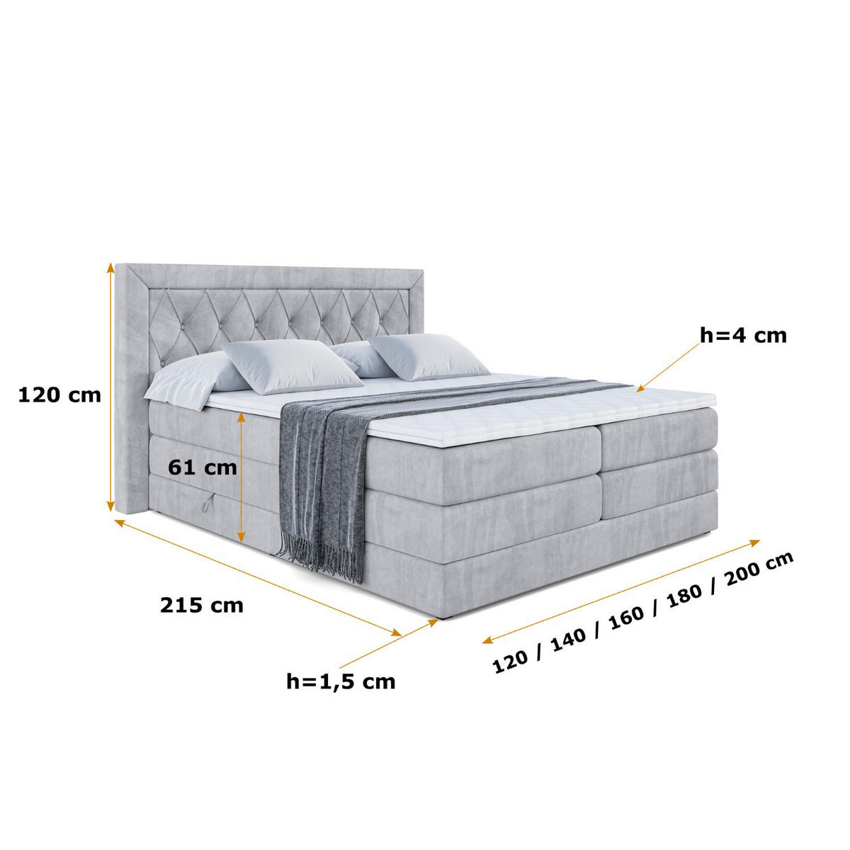 BOXSPRINGBETT NOEL KING - 160 x 200 - H3/H4 - Hellgrau - Hellgrau, Holzwerkstoff (160/200cm) - ALTDECOR