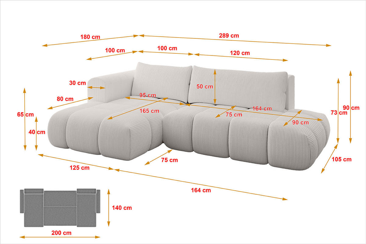 ECKSOFA Ottomane Links CLOUD-L 289x180x40 Hellgrau Cord - Hellgrau, Holzwerkstoff/Kunststoff (180/289cm) - ALTDECOR