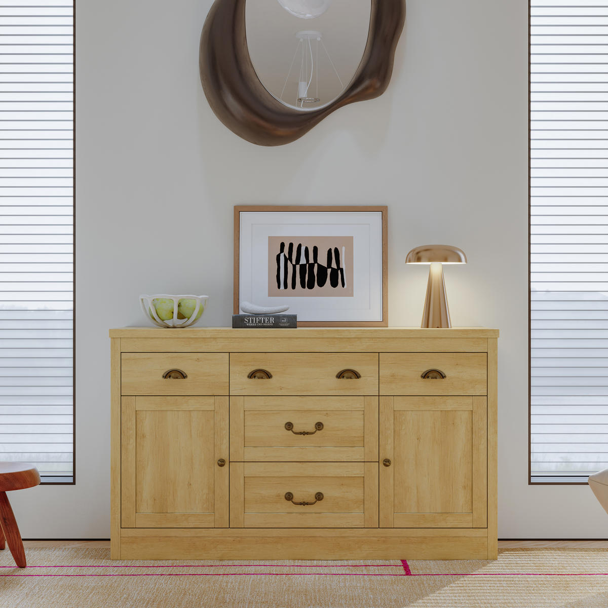 SIDEBOARD Holzoptik mit 5 Schubladen & 2 Türen - Naturfarben, Holz (39.8/80/135cm) - SHOPENTRA