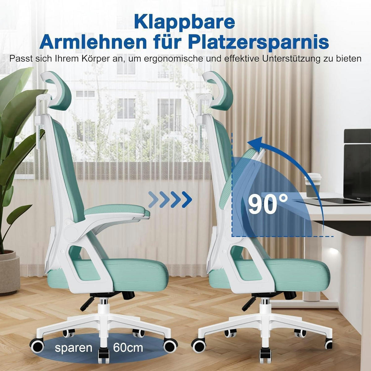 BÜROSTUHL Modell Ⅰ Blaugrün mit Lendenwirbelstütze und Kopfstütze - Petrol, Textil (60/128/60cm)