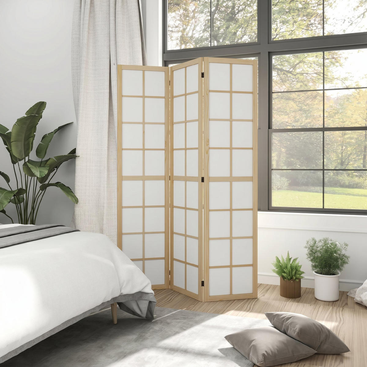 PARAVENT Kiefernholz, Vliesstoff Naturholz - Weiß/Naturfarben, Holz/Textil (1.7/170/120cm) - HOMCOM