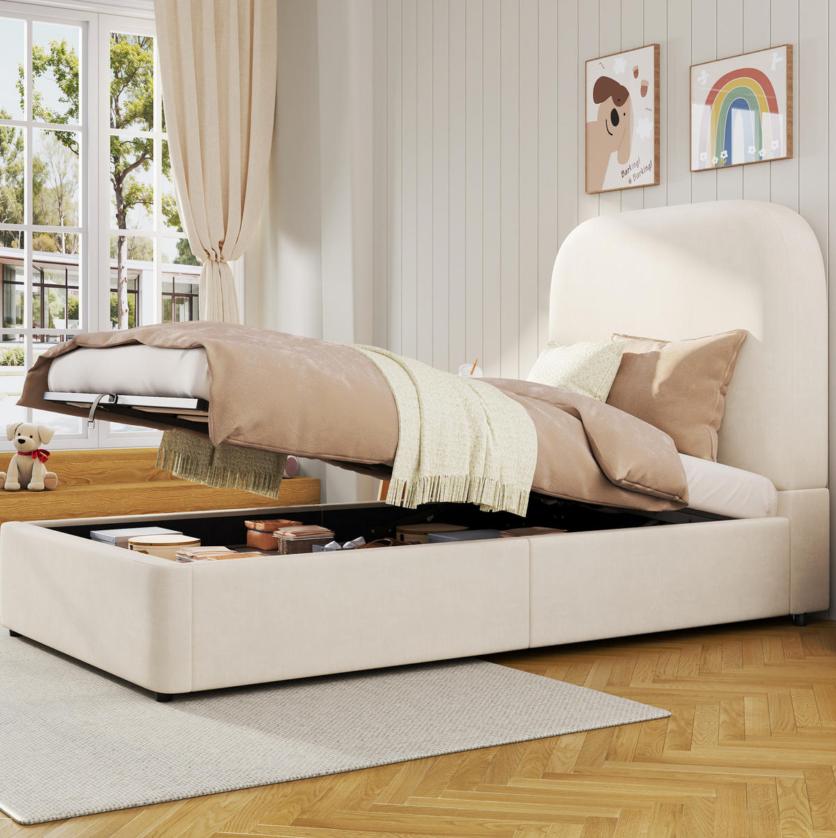POLSTERBETT 90/200 cm Beige aus Samt mit Stauraum - Beige, Textil (90/200cm) - OKMYHOME