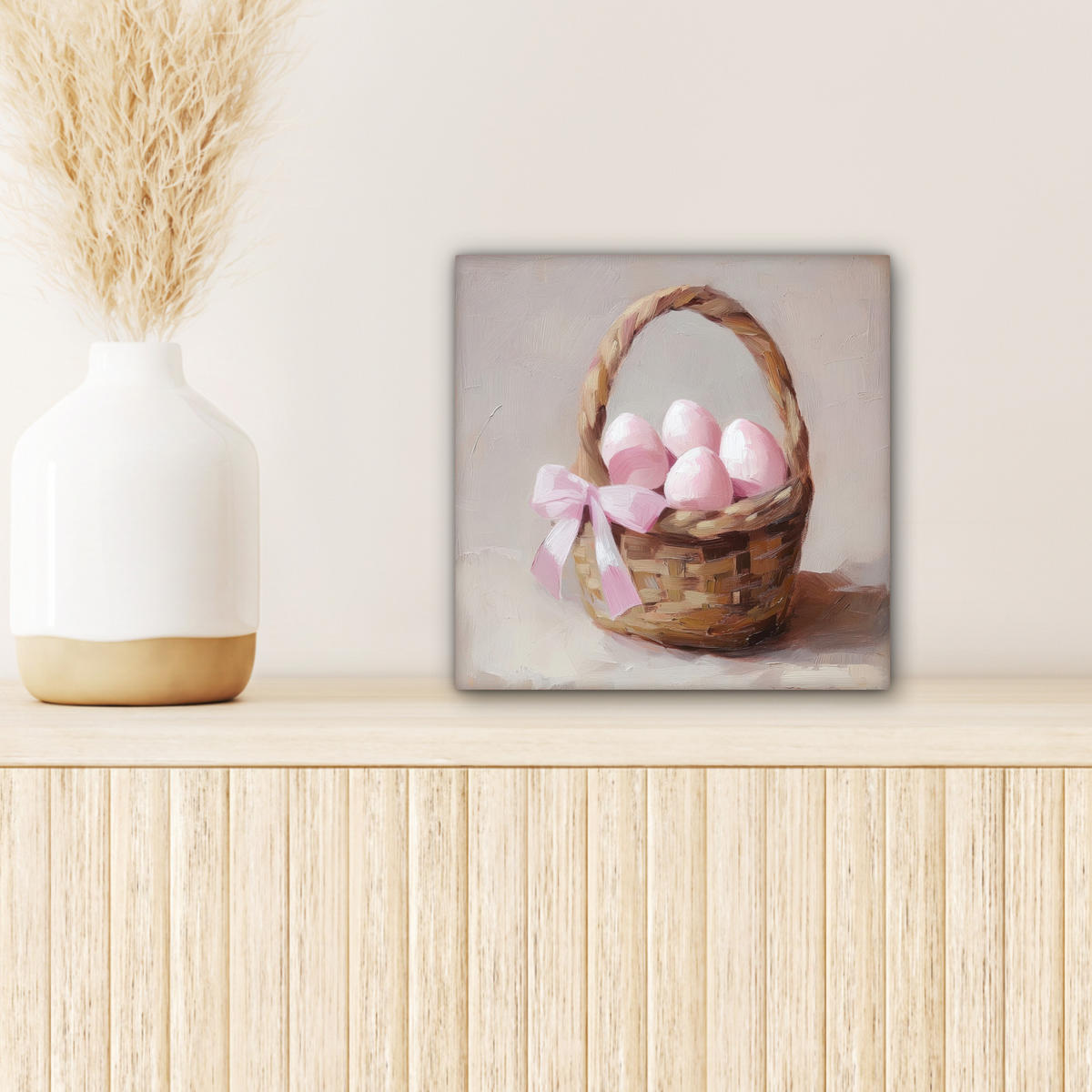 LEINWANDBILD Korb - Eier - Rosa Deko Wohnzimmer 20x20 cm - Beige, Textil (20/20cm) - MuchoWow