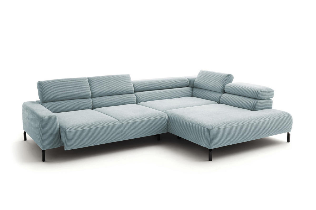 ECKSOFA DELIA Hellblau Cord Relaxfunktion - Schwarz/Hellblau, Textil/Metall (276/219cm) - KAWOLA