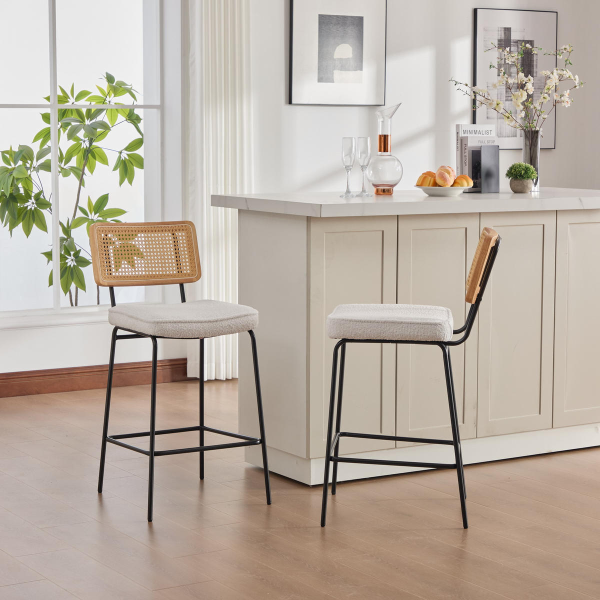 BARHOCKER DE-36881 2er-Set mit Chenille-Bezug und Rattan-Optik Elfenbein - Creme, Metall (59.8/96.5/46.2cm) - ComfortXL