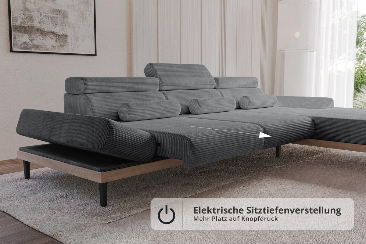 ELEKTRISCHES ECKSOFA Rechts MONA 316x205x85 Dunkelgrau Cord - Dunkelgrau, Holzwerkstoff/Textil (316/205cm) - ALTDECOR