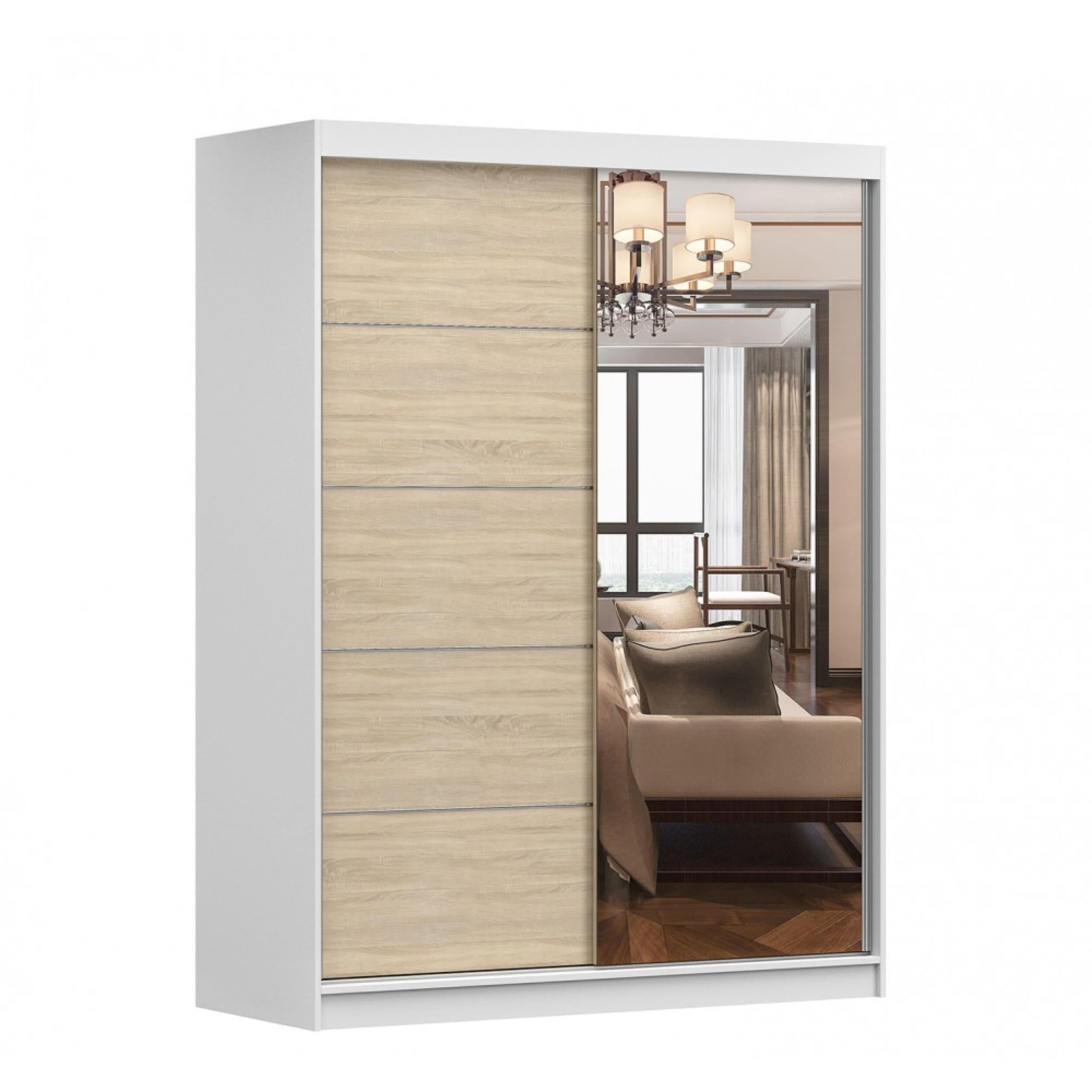 SCHIEBETÜRENSCHRANK - Beni 05 Classic (Weiß + Sonoma) - Weiß/Sonoma Eiche, Holzwerkstoff/Metall (150/200/61cm) - Möblo