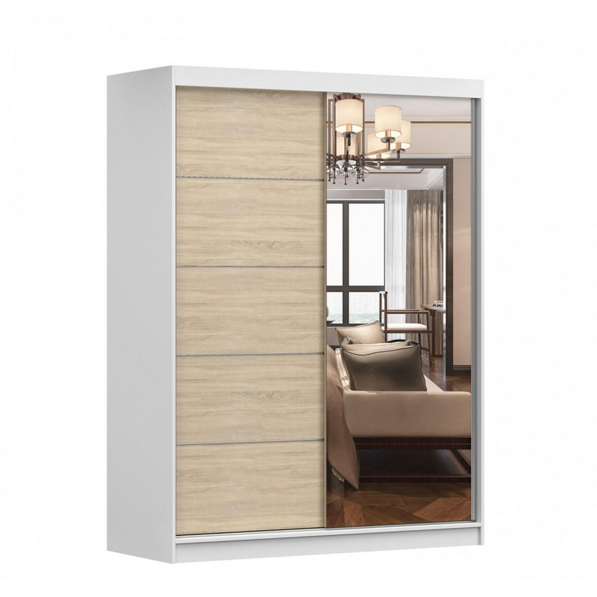 SCHIEBETÜRENSCHRANK - Beni 05 Classic (Weiß + Sonoma) - Weiß/Sonoma Eiche, Holzwerkstoff/Metall (150/200/61cm) - Möblo