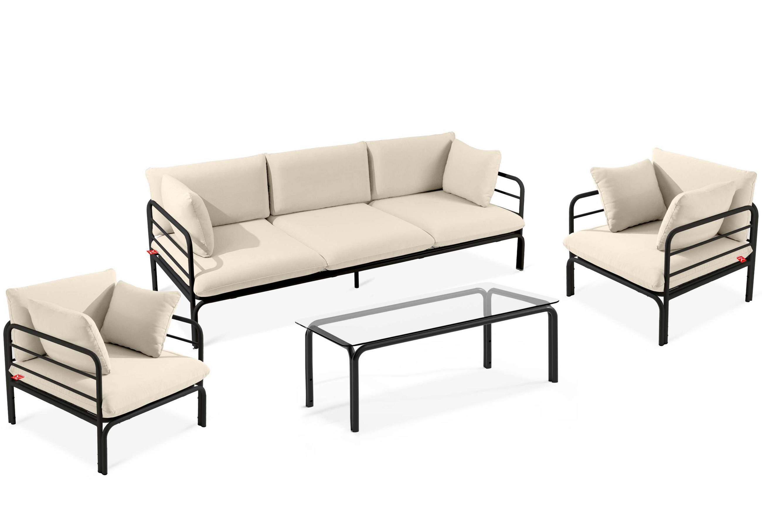 GARTENMÖBELSET RAMBE 4-tlg. 1x Tisch 2x Sessel 1x Sofa 3-Sitzer, mit Auflage, Stahlrahmen, LOFT-STIL, Anthrazit/Cremeweiß - Dunkelgrau/Creme, Textil/Metall - KONSIMO®