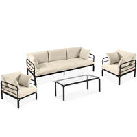 GARTENMÖBELSET RAMBE 4-tlg. 1x Tisch 2x Sessel 1x Sofa 3-Sitzer, mit Auflage, Stahlrahmen, LOFT-STIL, Anthrazit/Cremeweiß - Dunkelgrau/Creme, Textil/Metall - KONSIMO®