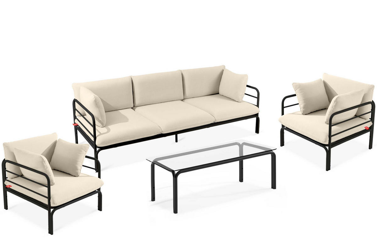 GARTENMÖBELSET RAMBE 4-tlg. 1x Tisch 2x Sessel 1x Sofa 3-Sitzer, mit Auflage, Stahlrahmen, LOFT-STIL, Anthrazit/Cremeweiß - Dunkelgrau/Creme, Textil/Metall - KONSIMO®
