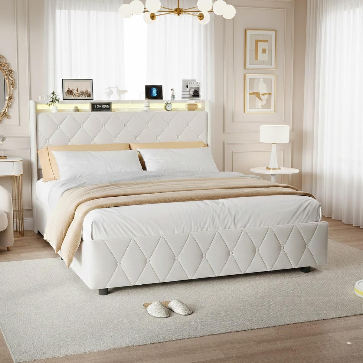 POLSTERBETT 140x200 cm mit LED und USB-Anschluss, 2 Schubladen de Stauraum, Bettgestell aus Leinen, Inklusive Lattenrost - Beige - Beige, Holzwerkstoff (140/200cm) - Brevoria